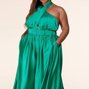 - Super sexy Plus size emerald green halter wide leg jumpsuit